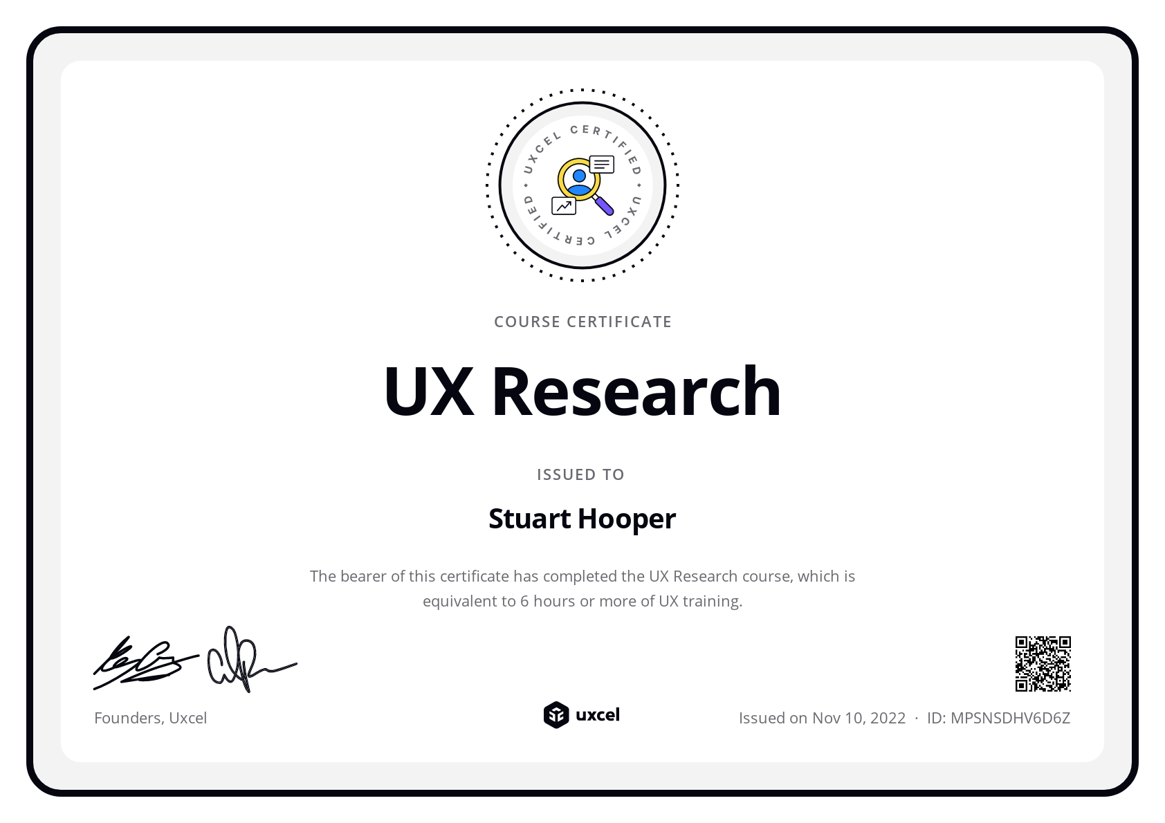 Stuart Hooper's certificate